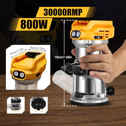 Cordless Compact Router compatible with Dewalt 20V Battery,6 Speeds 800W 30,000 RPM Brushless Router for Woodworking with Router Bits,Edge & Roller Guide,Dust Hood