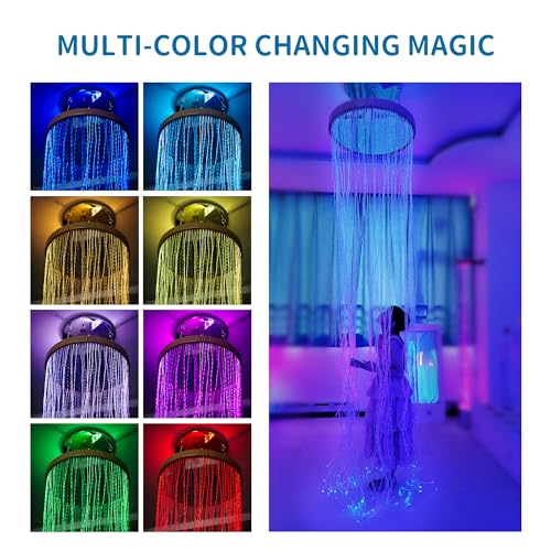 Round Fiber Optic Curtain Rings with Wooden Base, Multi-Color Changing Waterfall Lamp Perfect for Home Decor, School, Clinic and Dark Sensory Room - Ideal for Kids