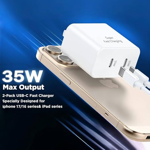 iPhone 17 Pro Max Charger Fast Charging,2-Pack 35W Dual Port USB C Fast Charger Block, 3.0 PD Quick Adapter &【Apple MFi Certified】 Extra Long 10FT 60W USB C to C Cable for iPhone 17/17 Pro/Air/16E/15