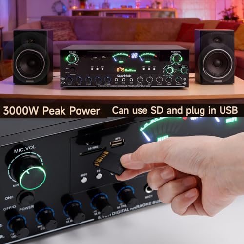 3000W Peak 5.1-Channel Home Audio Power Amplifier – HiFi Stereo Amplifier with Subwoofer, 3 Microphone Inputs, USB/SD Card Reader, Remote Control for Karaoke & Home Theater