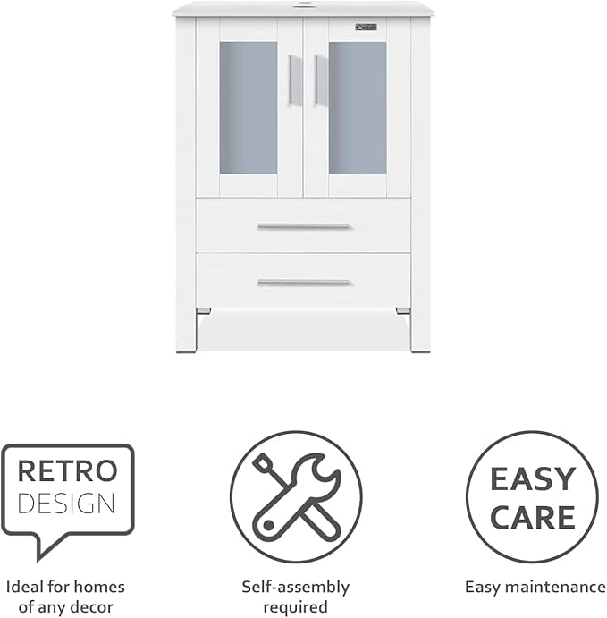 eclife 84" Modern Bathroom Vanity Sink Combo Freestanding Cabinet with Small Side Cabinet, White Curved Ceramic Vessel Sink, Water Save Faucet, Drain (White+T32)