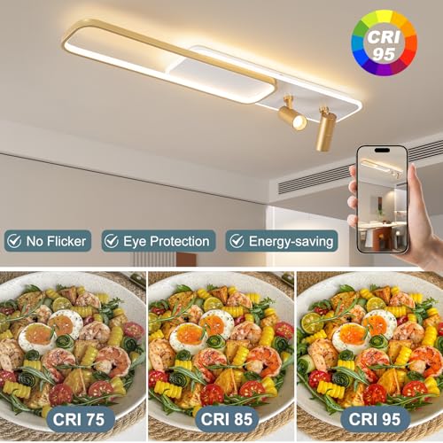 EIDISUNY Modern LED Ceiling Light Remote Control, 39.3in Linear Ceiling Light with 2 Adjustable Spotlights 65W, Dimmable 3CCT, Gold Long Ceiling Light Fixture for Bedroom Kitchen Living Room
