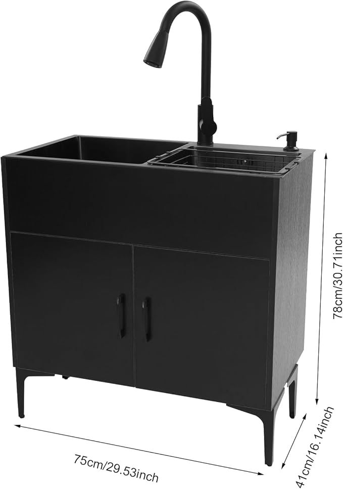 30-Inch Laundry Sink Cabinet with Stainless Steel Sink and Pull-Out Sprayer Faucet, Freestanding Deep Utility Sink with Cabinet Utility Tub for Bathroom Laundry Room Kitchen (Black)