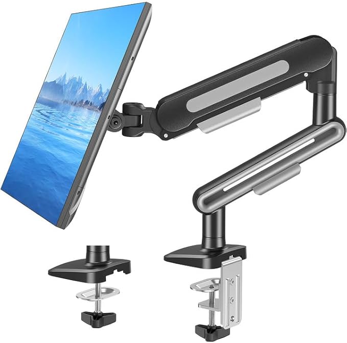 MOUNTUP Single Monitor Desk Mount for 4.4-26.5lbs, Heavy Duty Monitor Arm for 40 39 37 34 32 27inch, Full-Motion Monitors Stand, Height Adjustable Gas Spring Monitors Arm with C-Clamp＆Grommet Base