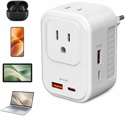 Voltage Converter for European Travel: 220V to 110V Converter US to Europe, Plug Adapter with Fast Charge 2 USB C, 2 USB A & 2 Outlets, Universal Travel Essentials for France Germany Italy Spain, etc