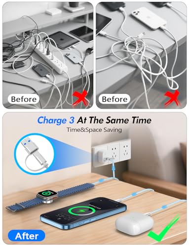 Travel Essentials for Apple Watch Charger,iPhone Charger,3 in 2 Multi Charging Cable,Type C/Lightning/Magnetic Fast Charging Cable [Portable] for iWatch Series Ultra/11/10/9/SE,iPhone 17-11-6FT Blue