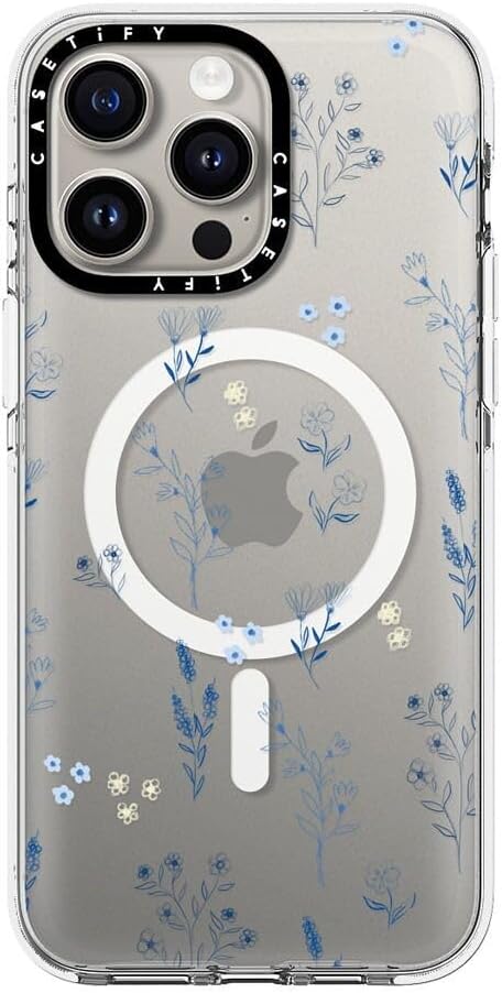 CASETiFY Clear iPhone 15 Pro Max Case [Not Yellowing / 6.6 ft. 3X Military Grade Drop Protection/Magsafe] - Small Blue Flowers - Clear