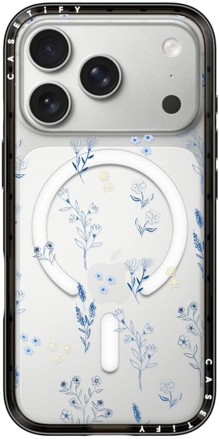CASETiFY Compact iPhone 17 Pro Case [Slim and Sleek/Compatible with Magsafe / 4 ft. 2X Military Grade Drop Protection] - Small Blue Flowers - Clear Black
