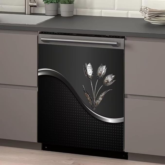 Stainless Steel Flowers Dishwasher Magnet Cover Decor, Metal Floral Dishwashing Sticker Magnetic, Kitchen Fridge Door Magnet Cover Black (23" x 26" Magnetic)