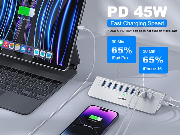 intpw Powered USB Hub 10Gbps, 9-Port USB 3.2/USB C Hub, 65W Power Adapter - Image 5