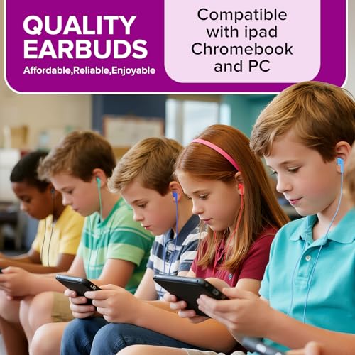 100 Pack Bulk Earbuds for Kids Classroom School Library,Individually Bagged,Wholesale Students Wired in Ear Earphones with 3.5 mm Jack for Computer Chromebook Laptop PC (HTC003,Mixed Colors)
