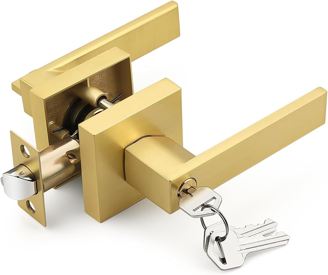 Brushed Gold Entry Door Lever with Lock and Key, Satin Brass Entrance Door Handles, for Exterior or Interior Doors,1 Pack (Each with 3 Keys)