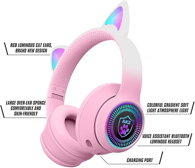 Cat Ear Gaming Bluetooth 5.2 Wireless Foldable Headphones with LED Light, Stereo Game Surround Sound Over-Ear Headsets with Microphone AUX for PC, Pad, Mobile, Laptop, Game, Kids, Gift
