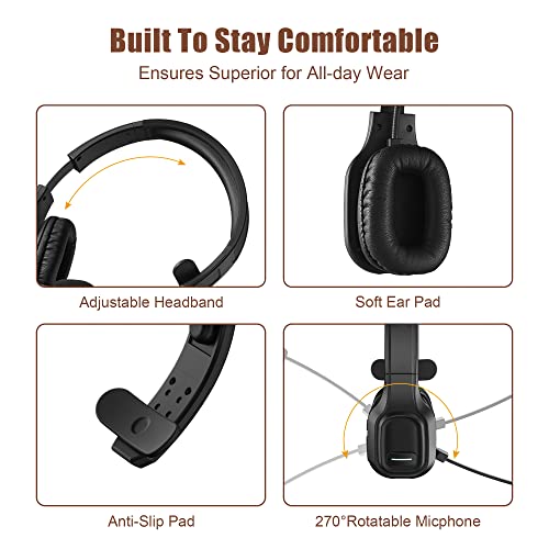 Trucker Bluetooth Headset V5.0, Wireless Headset with Noise Canceling&Mute Microphone for Cell Phones, On Ear Bluetooth Headphone for Computer, Zoom Meetings, Skype, Home Office