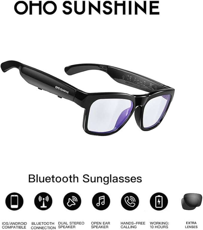 OhO sunshine Bluetooth Glasses: Voice Control and Open Ear Style Smart Glasses to Listen Music & Calls, UV400 Protection Lens