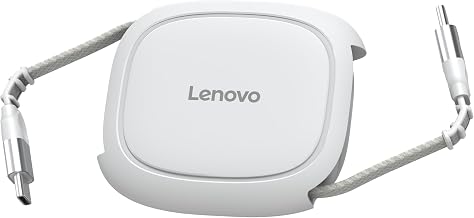 Lenovo 240W USB-C Retractable Cable, PD Fast Charging USB-C to USB-C, Smart Retractable Design, 1.2m (3.94 Ft), 480Mbps Data Transfer, Compact Portable Charger Cable for Laptop Tablet Phone, White
