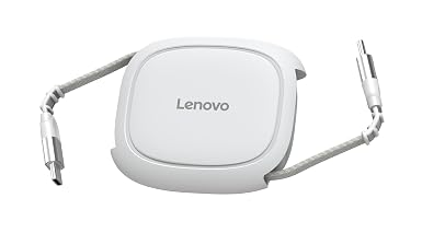 Lenovo 240W USB-C Retractable Cable, PD Fast Charging USB-C to USB-C, Smart Retractable Design, 1.2m (3.94 Ft), 480Mbps Data Transfer, Compact Portable Charger Cable for Laptop Tablet Phone, White