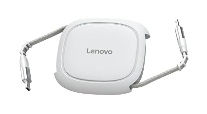 Lenovo 240W USB-C Retractable Cable, PD Fast Charging USB-C to USB-C, Smart Retractable Design, 1.2m (3.94 Ft), 480Mbps Data Transfer, Compact Portable Charger Cable for Laptop Tablet Phone, White