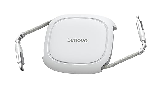 Lenovo 240W USB-C Retractable Cable, PD Fast Charging USB-C to USB-C, Smart Retractable Design, 1.2m (3.94 Ft), 480Mbps Data Transfer, Compact Portable Charger Cable for Laptop Tablet Phone, White