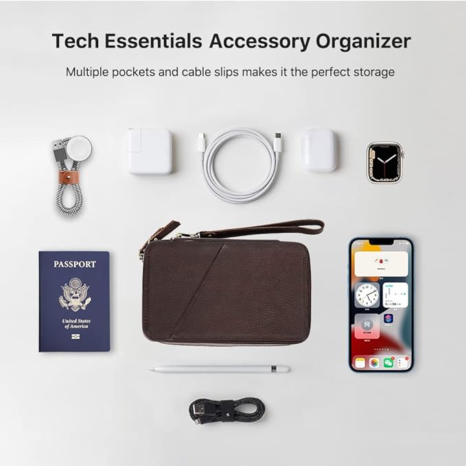 CONTACTS Electronic Organizer Travel Tech Case Leather Electronics Accessories Storage Box Vintage Portable Holder for Phone Charger Cables