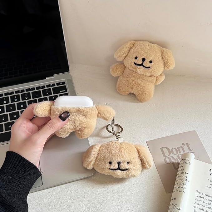 SGVAHY Furry Case for AirPods 1/2, Funny Cute 3D Cartoon Plush Design Puppy Apron Dog Soft Warm Fluffy Cover Keychain Anti-Fall Protective Case Women Girls