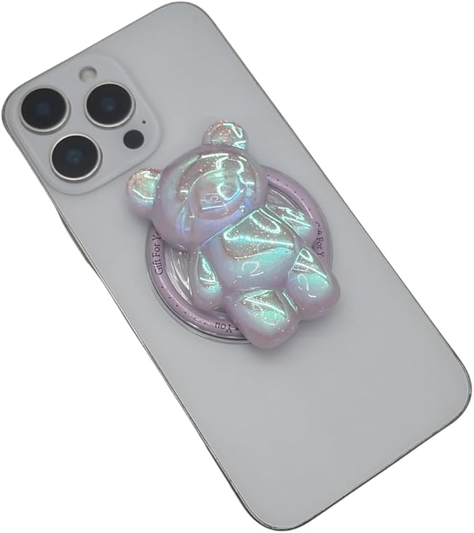 Cute Kawaii 3D Bear Phone Grip Stand, Iridescent Holographic Resin Cell Phone Holder & Kickstand, Compatible with iPhone, Samsung Galaxy, Android (Lilac Opal)
