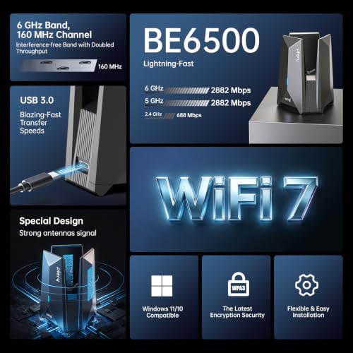WiFi 7 USB Adapter for Desktop PC,BE6500 Tri-Band(2.4G/5G/6G)