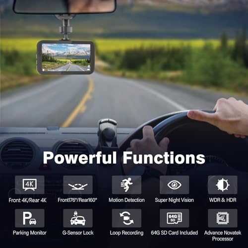 Miden 4K+2.5K Dash Cam Front and Rear,Free 64G SD Card,2160P+1600P UHD Dual Dash Camera for Cars,176°+160°Wide Angle,3.5 ''IPS Screen Dashcam,Loop Recording,G-Sensor,Night Vision,24H Parking Monitor