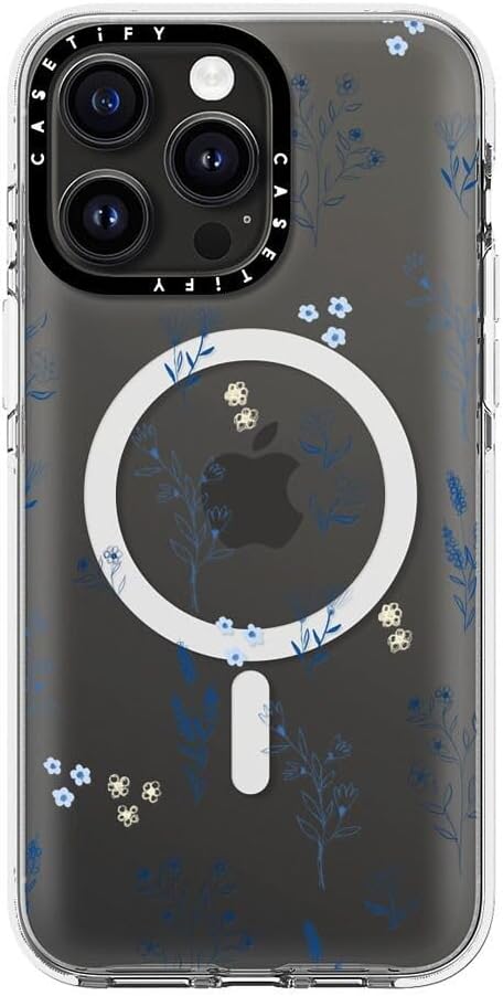 CASETiFY Clear iPhone 15 Pro Max Case [Not Yellowing / 6.6 ft. 3X Military Grade Drop Protection/Magsafe] - Small Blue Flowers - Clear