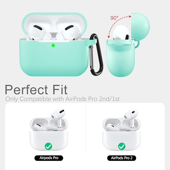 Lerobo Compatible with Airpods Pro 2 case,Full Protective Shockproof Washable Silicone Cover for Airpods Pro Case Supports Wireless Charging with Carabiner Front LED Visible,Mint Green