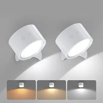Smiling Shark Wireless Wall Lights, Rechargeable Wall Lights LED Set of 2 360° Rotate Magnetic 3 Color & 4 Brightness Stepless Dimming Adhesive Rechargeable Wall Sconces for Bedroom Bedside, White