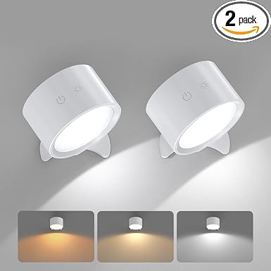 Smiling Shark Wireless Wall Lights, Rechargeable Wall Lights LED Set of 2 360° Rotate Magnetic 3 Color & 4 Brightness Stepless Dimming Adhesive Rechargeable Wall Sconces for Bedroom Bedside, White