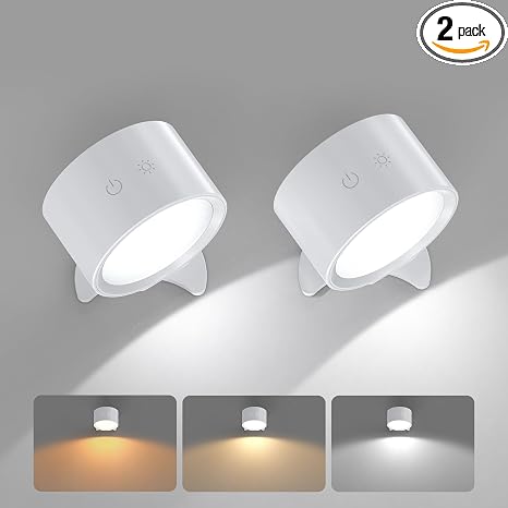 Smiling Shark Wireless Wall Lights, Rechargeable Wall Lights LED Set of 2 360° Rotate Magnetic 3 Color & 4 Brightness Stepless Dimming Adhesive Rechargeable Wall Sconces for Bedroom Bedside, White