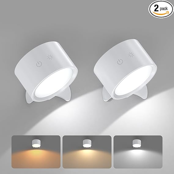 Smiling Shark Wireless Wall Lights, Rechargeable Wall Lights LED Set of 2 360° Rotate Magnetic 3 Color & 4 Brightness Stepless Dimming Adhesive Rechargeable Wall Sconces for Bedroom Bedside, White