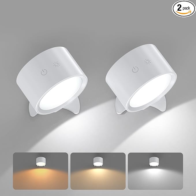 Smiling Shark Wireless Wall Lights, Rechargeable Wall Lights LED Set of 2 360° Rotate Magnetic 3 Color & 4 Brightness Stepless Dimming Adhesive Rechargeable Wall Sconces for Bedroom Bedside, White
