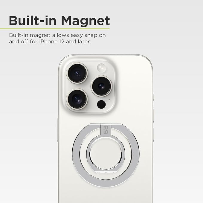 PureGear Magnetic Phone Grip Ring Stand, Magnetic Phone Ring Holder for MagSafe iPhone Air, 17, 17Pro, 17ProMax, 16, 16Pro, 16Plus, 16ProMaxs, 15, 14, 13, 12, Adjustable Kickstand (Chrome Silver)