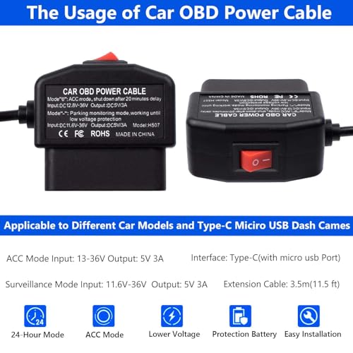 Dash Cam OBD Hardwire Kit Dash Camera USB Type C Hardwire Kit with OBD Power Cable for 12-24V to 5V/3A with Low Voltage Protection 24h Parking Surveillance/Acc Mode for Dashcam, GPS or Radar
