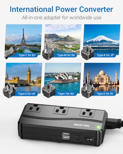 BESTEK 300W Power Converter 3-Outlet and 4-Port USB Travel Voltage Transformer 220V to 110V with Type G/D/M/AU/US Travel Plug Adapters