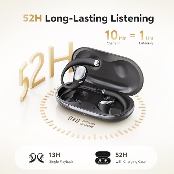 QCY Crossky R70 Open Ear Headphones Wireless with 52H Playtime, Hi-Res Audio & LDAC, Deep Bass, Bluetooth 6.0 Earhook Earbuds, Wireless Charging, Multipoint Connection for Gym/Workout