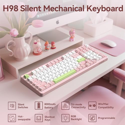 AUSDOM H98 Pink Creamy Mechanical Keyboard, 96% Silent Quiet Wireless Keyboard with Number Pad, Hot Swappable Gaming Keyboard 2.4G/BT/USB-C with RGB Backlit, 8000mAh Battery, 98 Keys for Mac/Win - Image 3