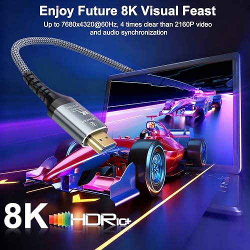 8K Fiber Optic HDMI Cable 6FT, 48Gbps Ultra High Speed Long HDMI 2.1 Cord Braided 8K@60Hz 4K@120Hz HDR10/HDCP2.2&2.3/eARC/3D Compatible for PS5, Xbox, HDTV, Laptop, Monitor