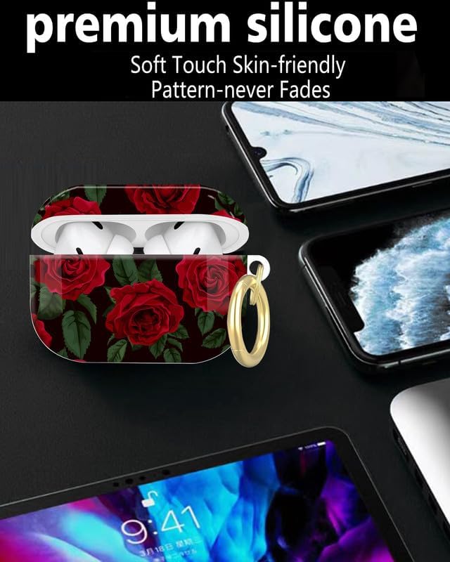 Compatible with AirPod Pro 2nd/1st Generation Case Cover with Key Chain,Full Protective Shockproof Wireless Headphone Case for Airpod Pro 2023/2022/2019(Red Roses)