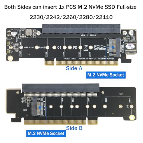 RIITOP Dual NVMe PCIe Adapter, PCIe 4.0 X16 to Dual NVMe and 1x More PCIe x16 (x8 Signal) Adapter for 22110/2280/2260/2242/2230 M.2 NVMe SSD (PCI-e Bifurcation Required)