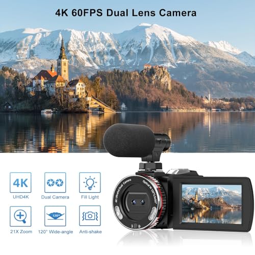 Video Camera Camcorder 4K UHD 48MP Vlogging Camera for YouTube, Dual Lens Digital Camera Recorder with Wireless Mic, 18X Digital Zoom, 120° Wide-Angle, 3.0" IPS Screen 270° Rotation,2 Batteries