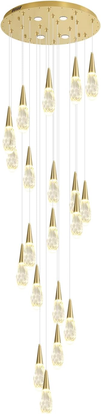 20 Lights Large Chandelie for High Ceiling Gold Pendant Light Fixture with Dimmable Big Crystal Chandelier for Staircase Foyer Villa