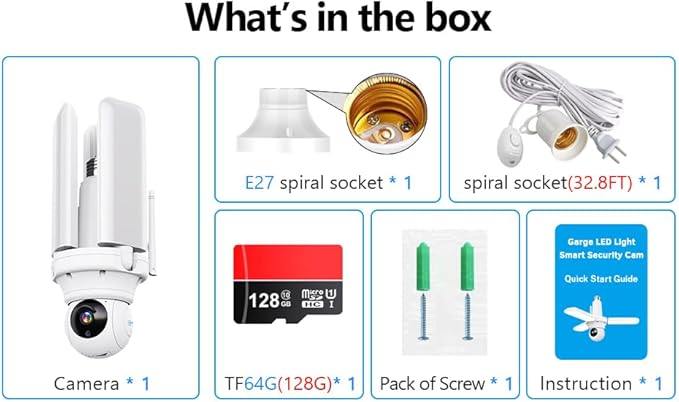 Wireless Security Camera Light Works with Alexa,Super Bright 30W 3000Lumens Garage Light with Wired Socket and 128g TFcard, WiFi 360 PTZ Smart AI Human Detection Cam,Two-Way Audio,Color Night Vision
