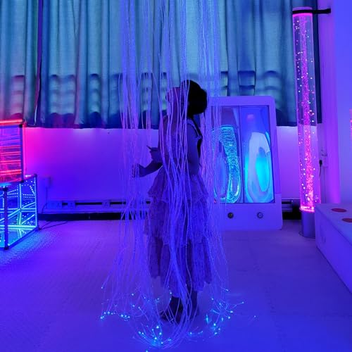 Round Fiber Optic Curtain Rings with Wooden Base, Multi-Color Changing Waterfall Lamp Perfect for Home Decor, School, Clinic and Dark Sensory Room - Ideal for Kids