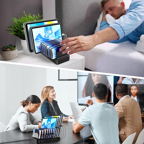 Charging Station for Multiple Devices, 100W 10 Ports Charging Dock with 10 Cables Smart IC Tech and Adjustable Dividers Type-C，Multi USB Charger for iPhone Galaxy iPad Tablet，Black