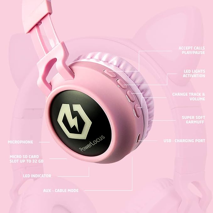 PowerLocus Kids Headphones Wireless, Bluetooth Headphones for Kids Over Ear, LED Lights, 85dB Safe Volume Limit, Foldable, Micro SD Mode, Built-in and Line-in Microphone for Phones,Tablets,Laptop