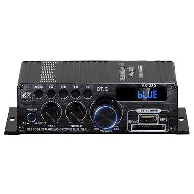 AK-380 Bluetooth 5.0 Home Audio Amplifier, Max 400W+400W 2.0CH HiFi Stereo with 12V 5A Power Supply, Wireless Receiver with USB SD BT.C FM AUX for Car Home Bar Garage